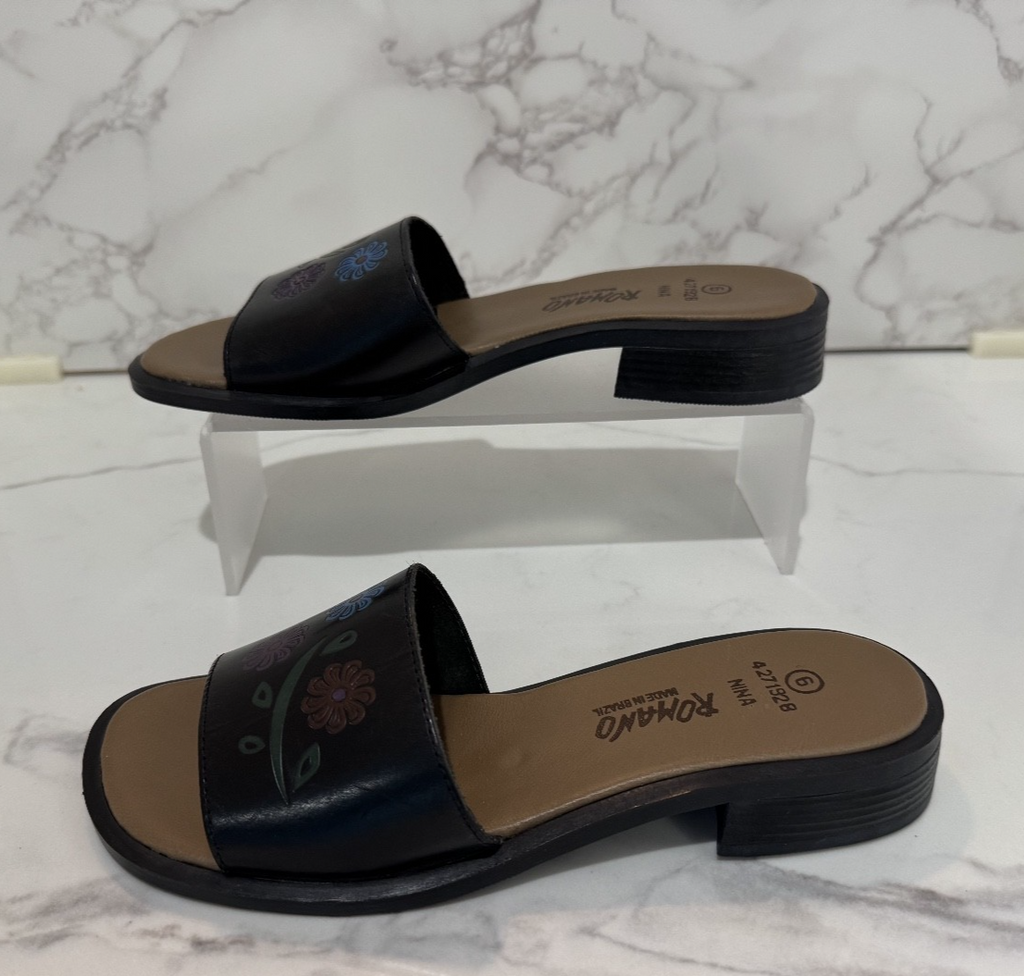 Romano Leather Women's Slide-in Sandals Black Floral "Nina" Made in Brazil Sz. 6