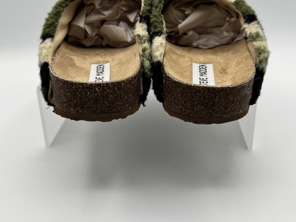 Steve Madden Women's 8 M Vesa Green Black Camouflage Sherpa Mule Slipper Clog