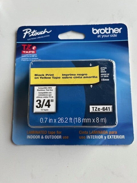 Brother P-Touch YZe-641,  3/4" - Laminated Black Print On Yellow Tape New Sealed