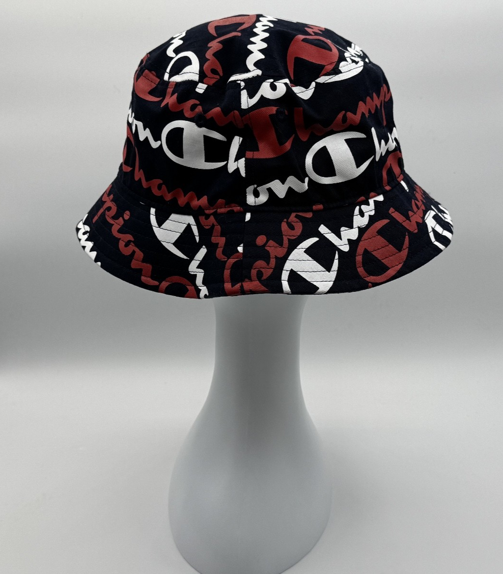Champion Logo Script Bucket Hat L/XL Navy Blue All Over Print, Summer Head NWOT