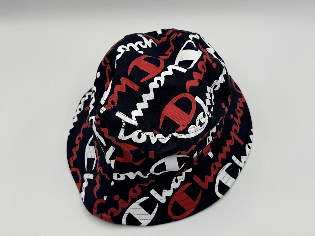 Champion Logo Script Bucket Hat L/XL Navy Blue All Over Print, Summer Head NWOT