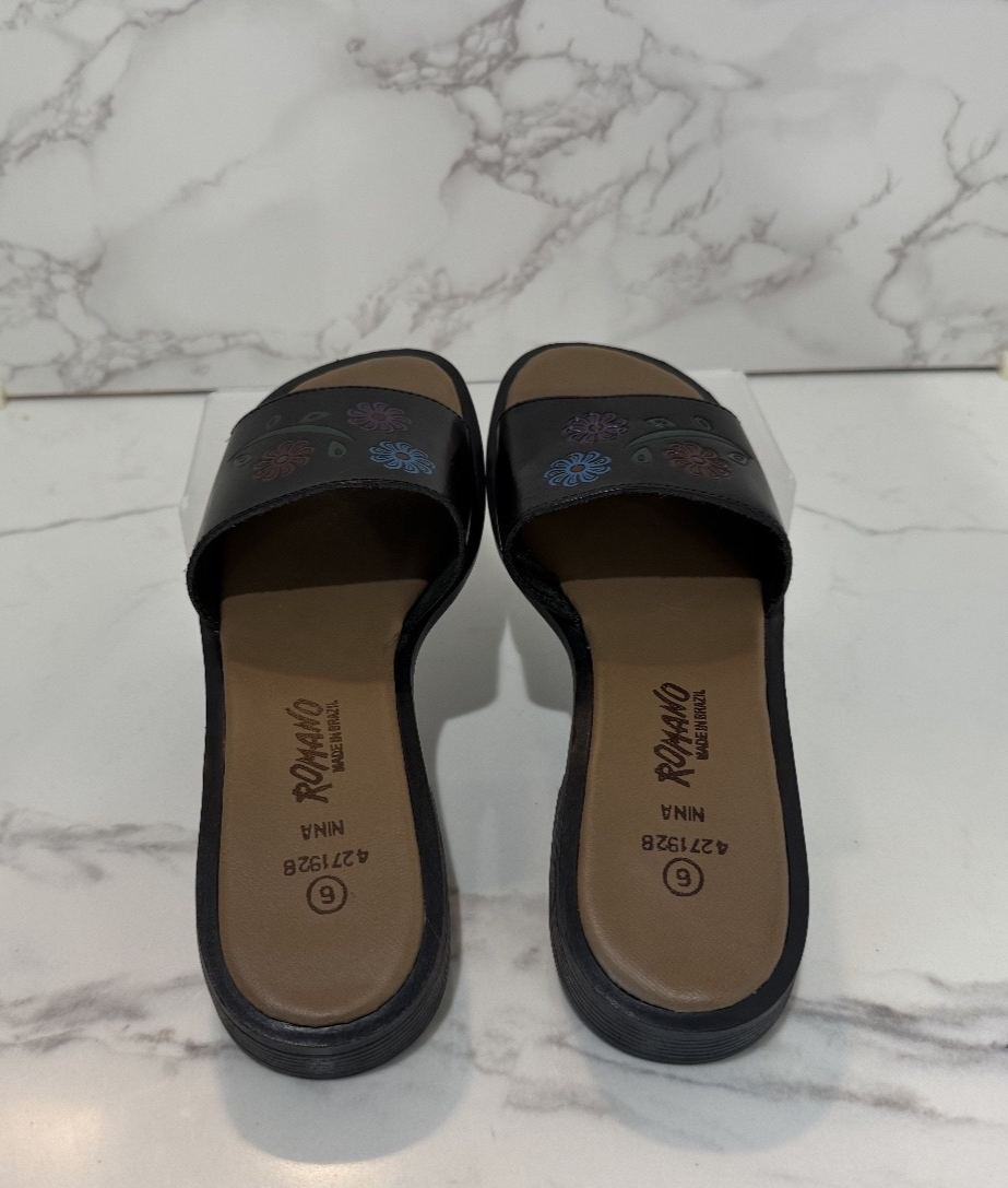 Romano Leather Women's Slide-in Sandals Black Floral "Nina" Made in Brazil Sz. 6