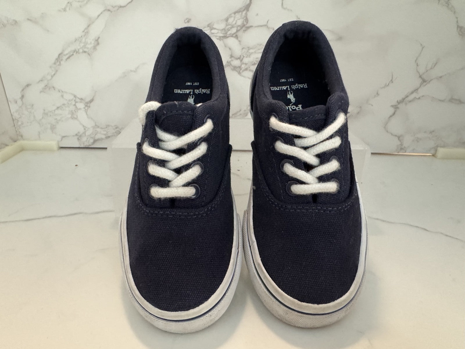Polo Ralph Lauren Childs Navy Keaton Shoes Sz 10.5 Canvas Lace Up Pony Logo, Pre
