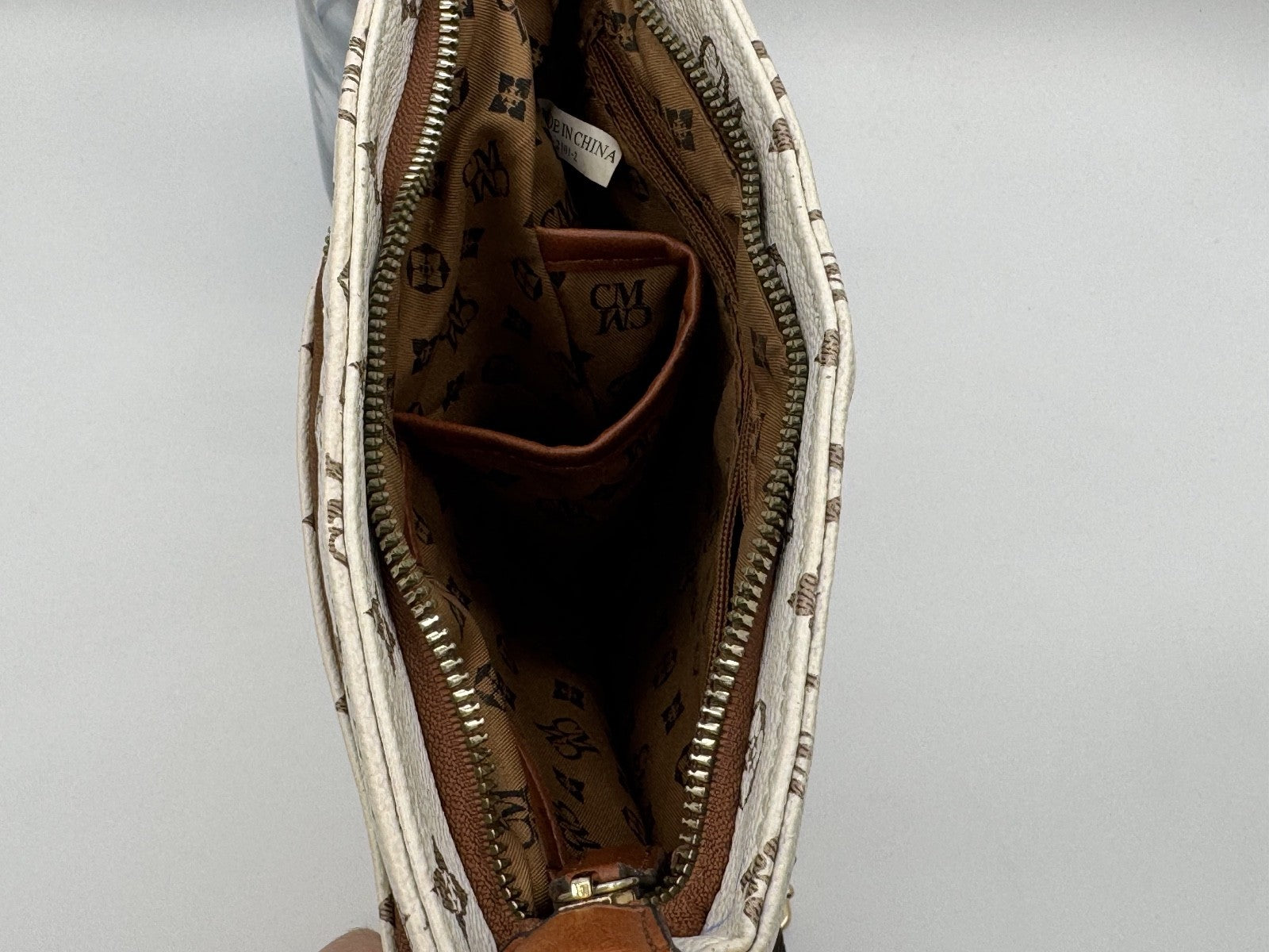 CM Monogram Crossbody White & Brown Vegan Leather Purse Handbag