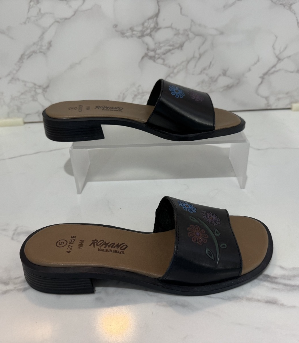 Romano Leather Women's Slide-in Sandals Black Floral "Nina" Made in Brazil Sz. 6