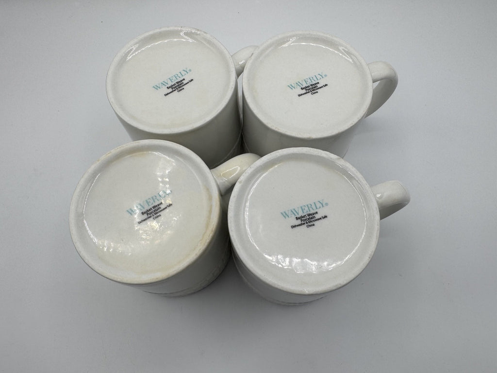 4- Vintage Waverly Mugs Fine White Porcelain Basket Weave Pattern Pre-owned