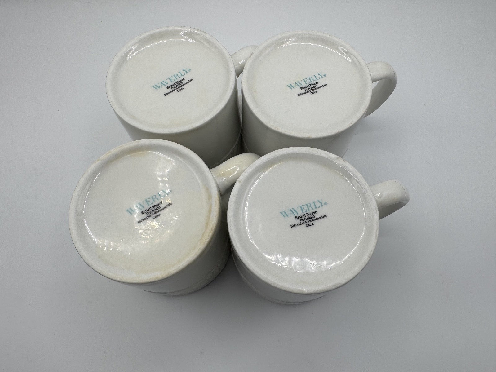 4- Vintage Waverly Mugs Fine White Porcelain Basket Weave Pattern Pre-owned