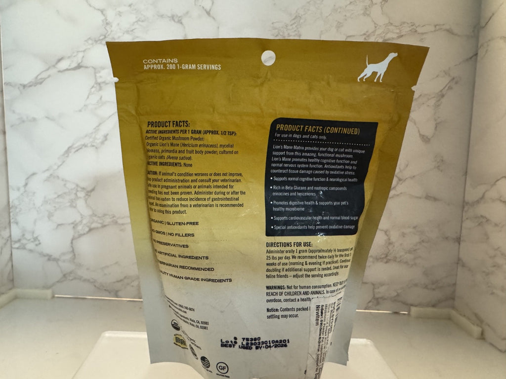 MushroomMatrix Organic Mushroom Powder, Lions Mane for 50 lb Pet Dogs 04/26