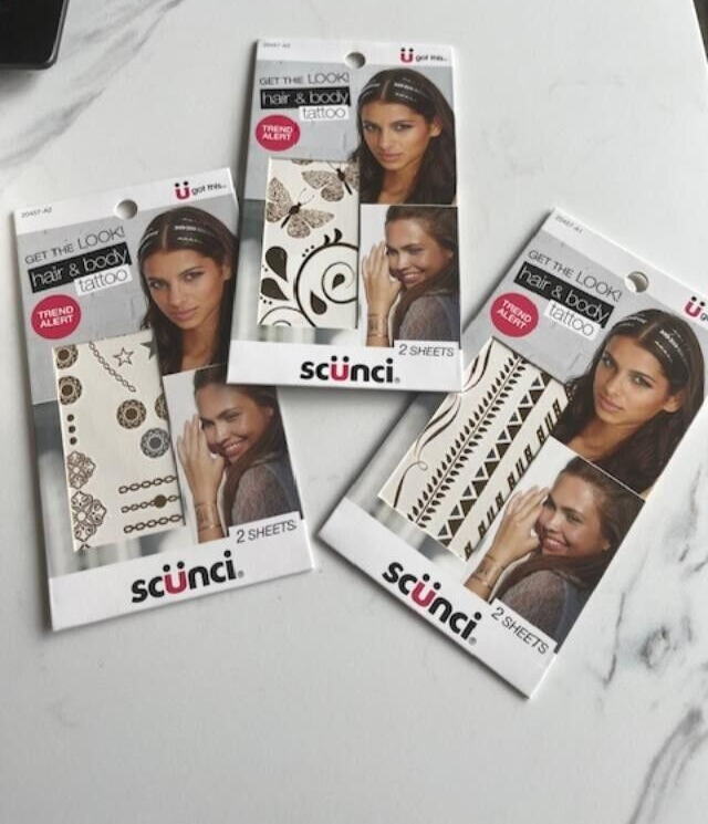 Scunci Get The Look Hair & Body Tattoos 3 Pk, 2 Sheets Per Pk, 6 designs Sealed