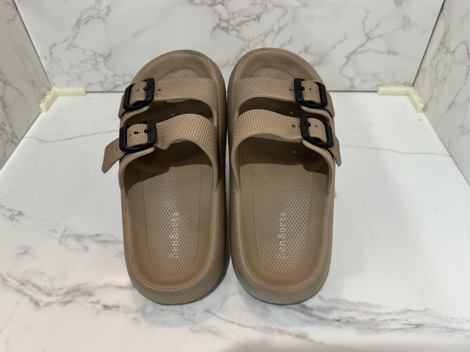 BenSorts Pillow Sandals for Women Men Thick Sole Adjustable Buckle Tan and Black