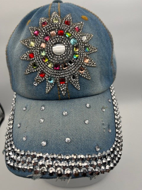 Bedazzled Denim Rhinestone, Size 4 Cap Adjustable Strap Hat 100% Cotton, Pre-own