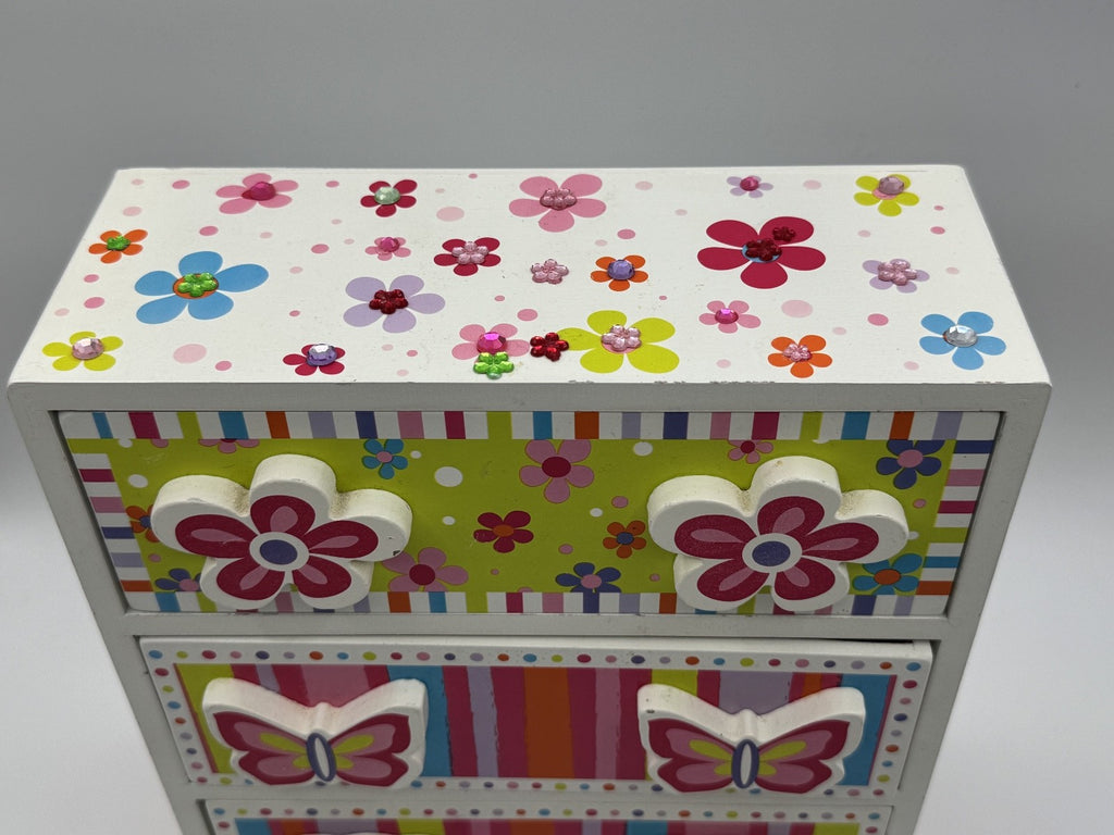 Bead Bazaar Girls 3-Drawer Wooden Jewelry/Storage Box Hearts Butterflies Flowers