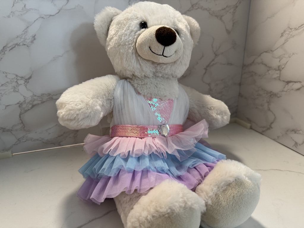Build-a-Bear 14" White Cream Teddy Bear Brown Nose Plush, MultiColor Dress Pre-o