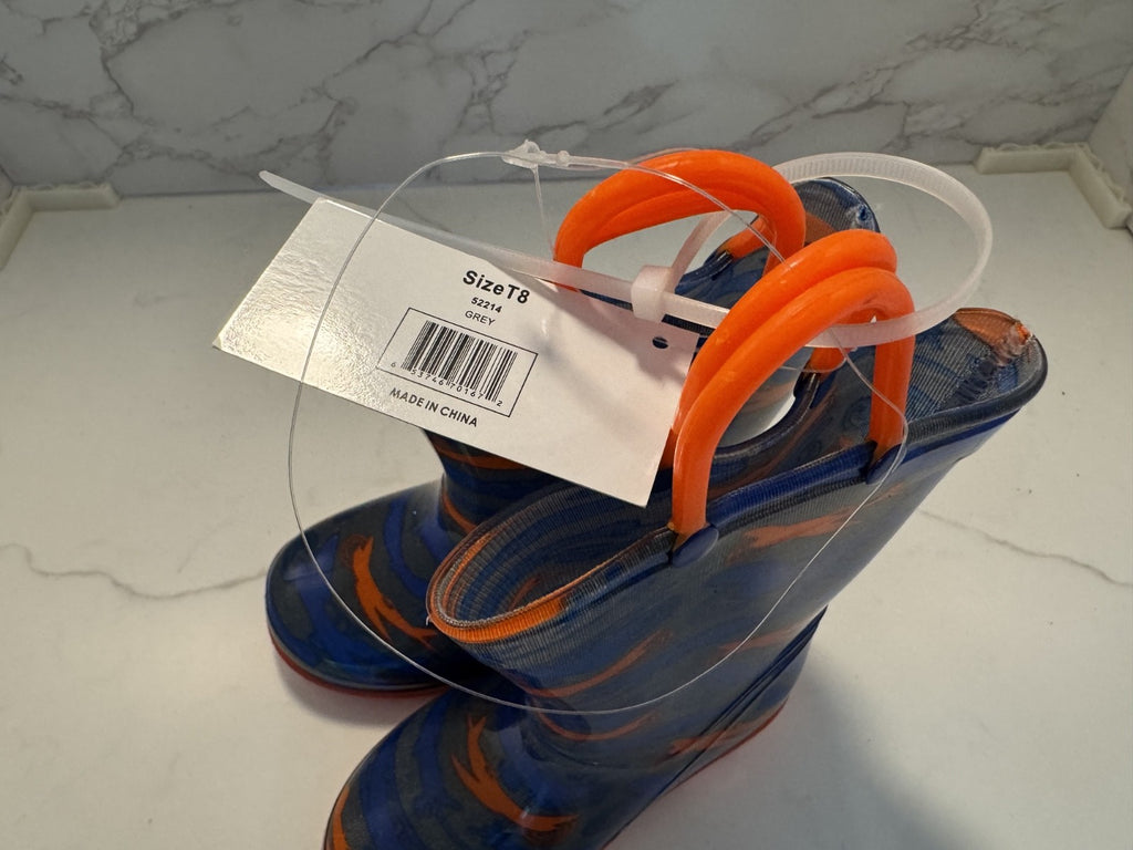 Lilly New York Rain Boots w/Handle Youth Size 8 Orange & Blue with Airplanes NEW