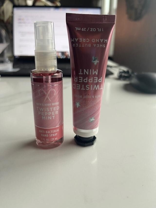 Bath and Body Works Travel Size TWISTED PEPPERMINT hand cream & Bacterial Spray