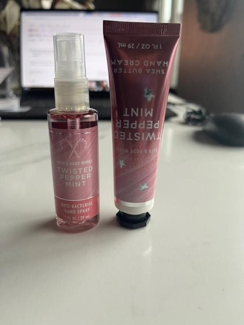 Bath and Body Works Travel Size TWISTED PEPPERMINT hand cream & Bacterial Spray