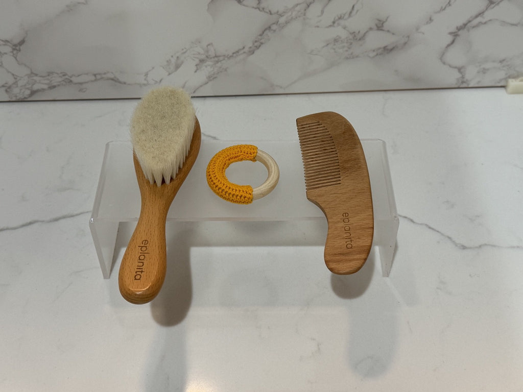 Eplanita 3PC Baby Wooden Natural, Hypoallergenic Hairbrush Set, Children NIB
