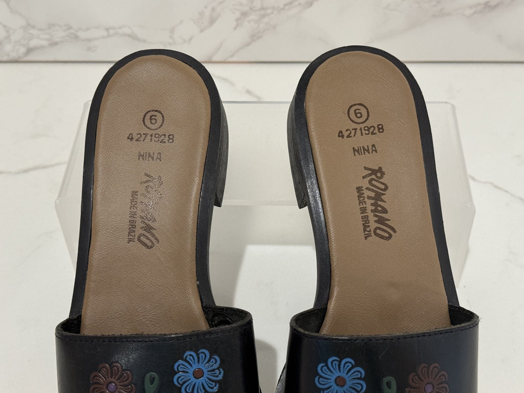 Romano Leather Women's Slide-in Sandals Black Floral "Nina" Made in Brazil Sz. 6