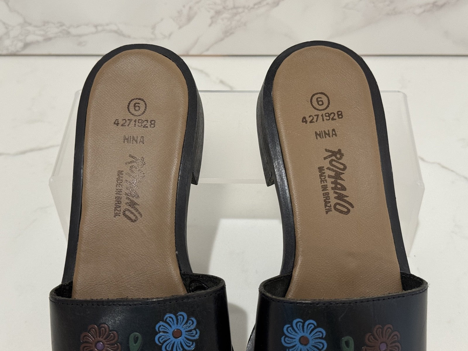 Romano Leather Women's Slide-in Sandals Black Floral "Nina" Made in Brazil Sz. 6