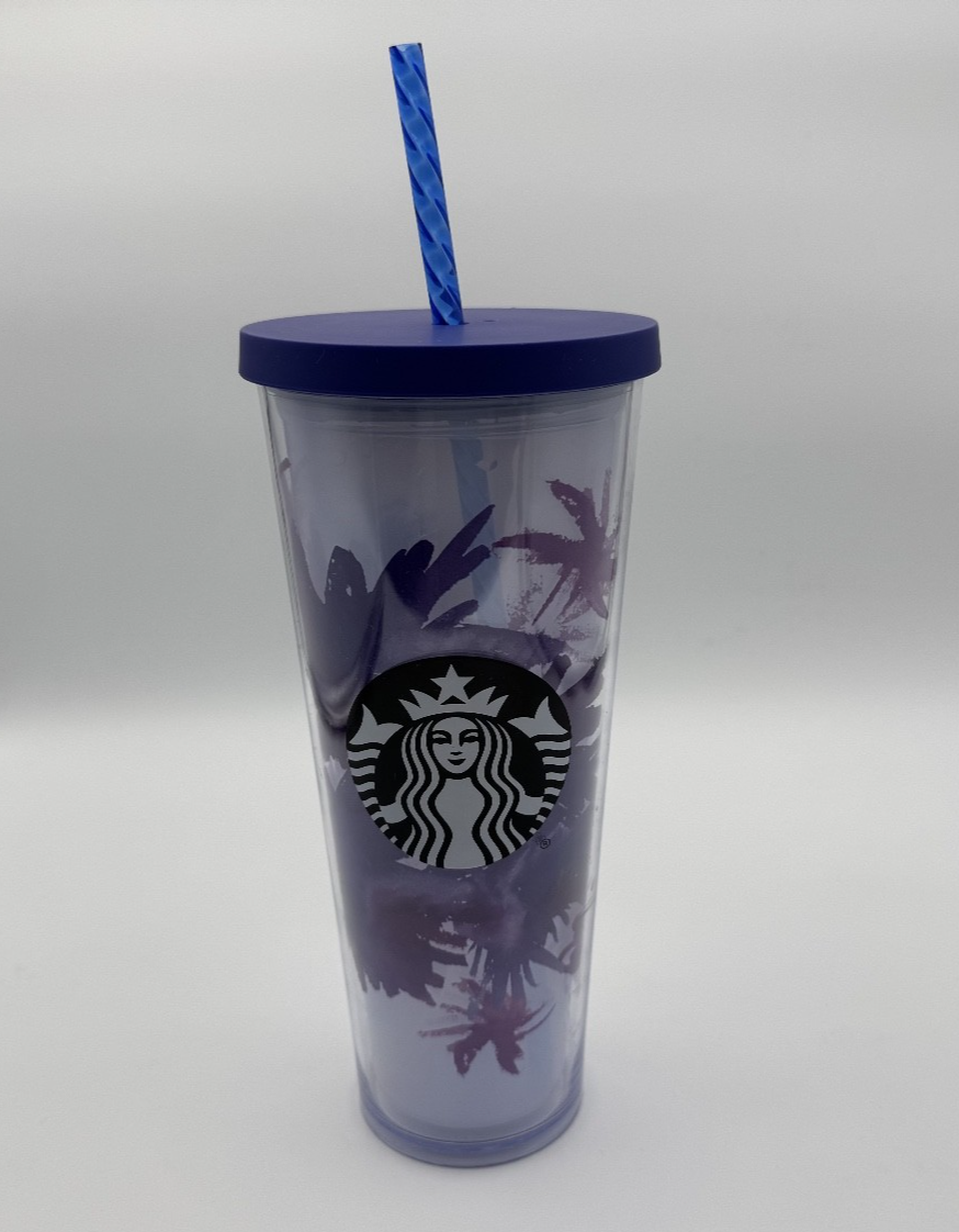 Starbucks Cold Cup Tumbler Purple Lavender Watercolor Flower Floral w/ New Straw