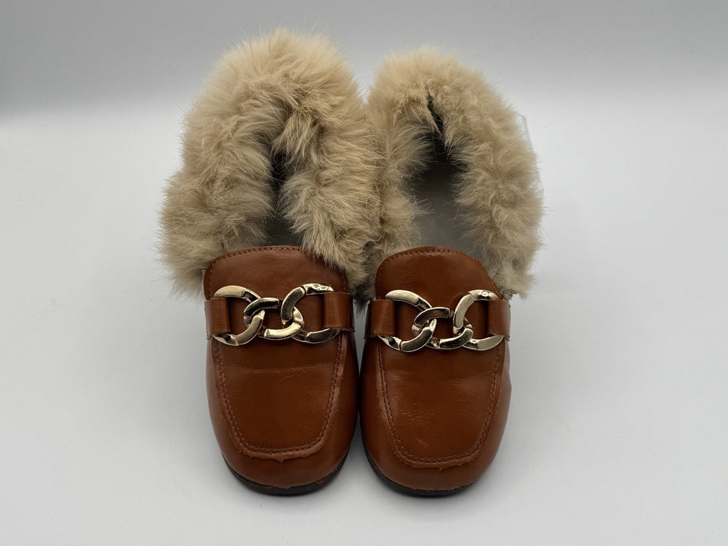 Real Fur Faux Leather Luggage Brown Loafers Girls KidsGold Chain
