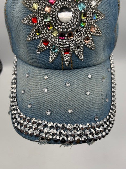 Bedazzled Denim Rhinestone, Size 4 Cap Adjustable Strap Hat 100% Cotton, Pre-own