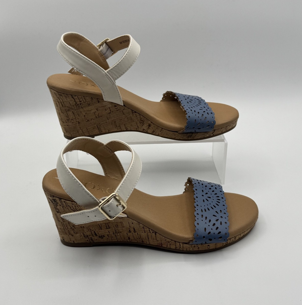 XOXO Woman's Wedge Sandal, Blue, White, Tan, Size 8M
