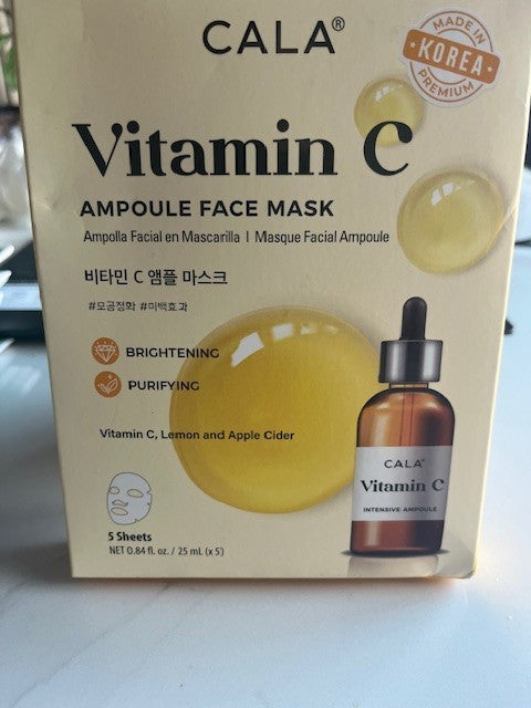 Cala VITAMIN C, AMPOULE FACE MASK Brightening Purifying w/Lemon (5PK) 02/28 NIB