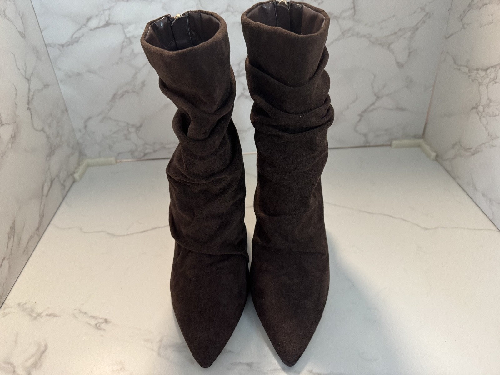 Fashion Nova Brown Zip Up Suede Slouchy Ankle Boot, Women's Size 8.5, Pre-owned