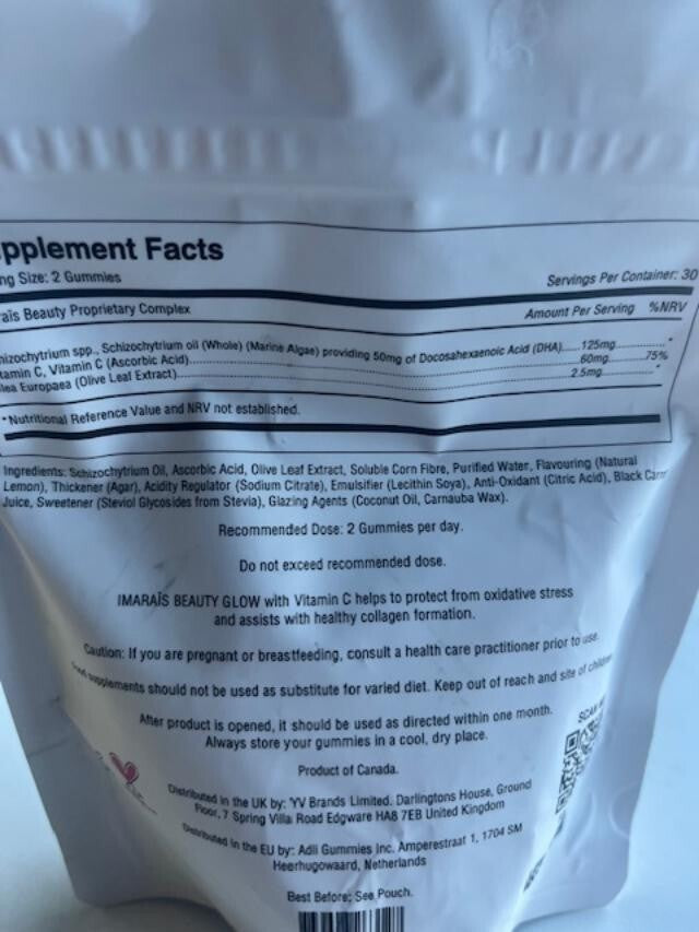 Imarais Beauty Glow 60 Vegan Skin Care Gummies w/ Vit C /Algae/Olive Exp 12/2025