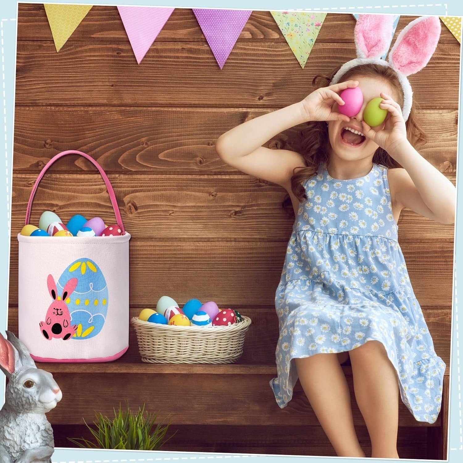 Honeydak 4 Pcs Easter Bunny Basket for Kids Easter Basket Bags Fluffy Tails