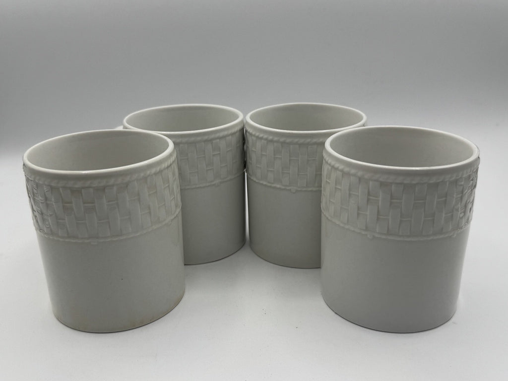 4- Vintage Waverly Mugs Fine White Porcelain Basket Weave Pattern Pre-owned