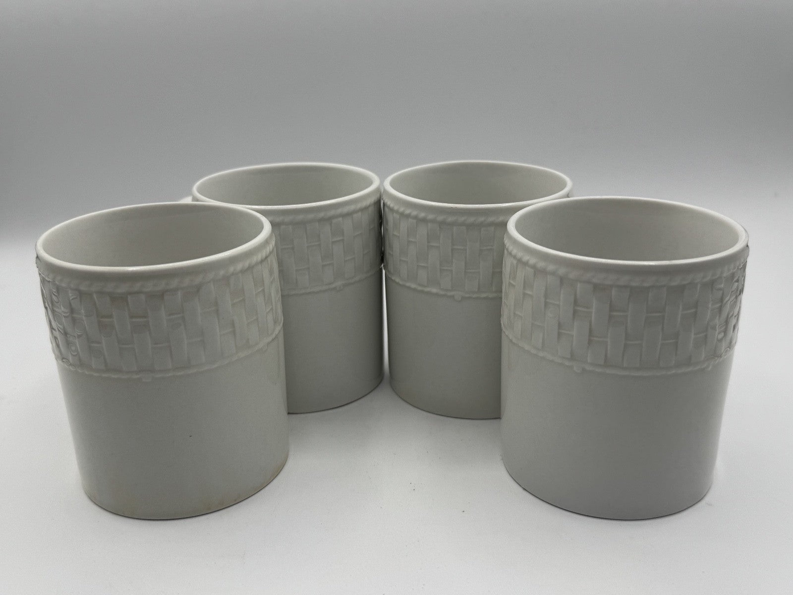4- Vintage Waverly Mugs Fine White Porcelain Basket Weave Pattern Pre-owned