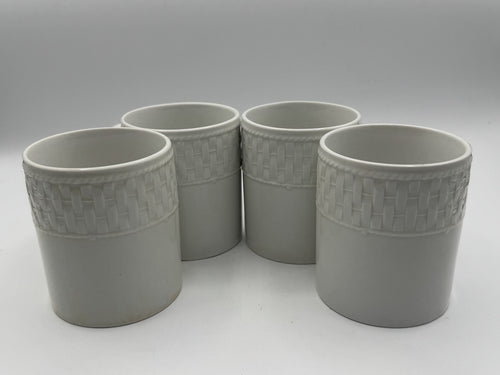4- Vintage Waverly Mugs Fine White Porcelain Basket Weave Pattern Pre-owned