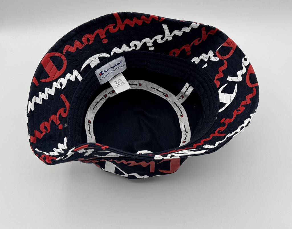 Champion Logo Script Bucket Hat L/XL Navy Blue All Over Print, Summer Head NWOT