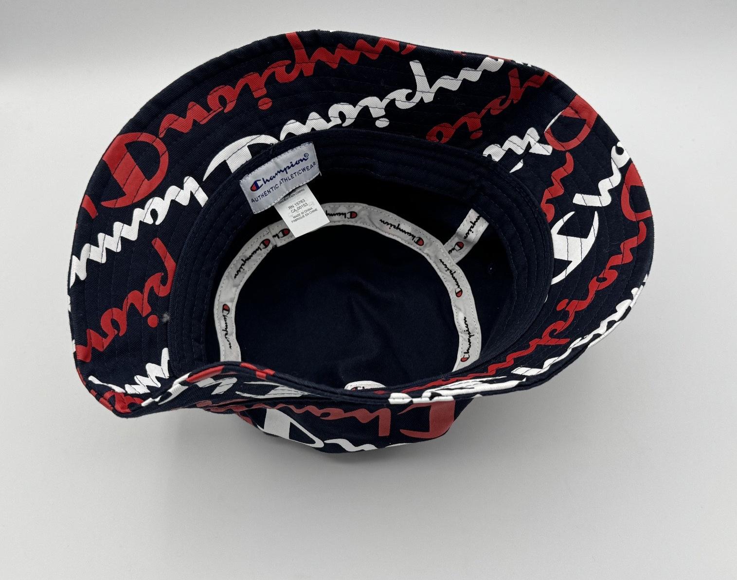 Champion Logo Script Bucket Hat L/XL Navy Blue All Over Print, Summer Head NWOT