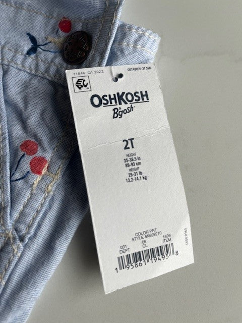 OshKosh B’Gosh Overalls Shortalls Baby/Kid Size 2T Light Blue W/Red Cherries NWT