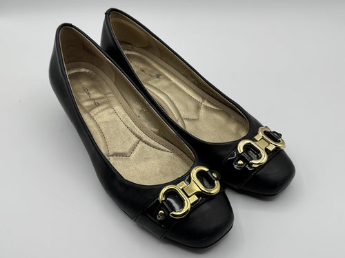 Bandolino Black Leather Heel Loafer, Gold Buckle, Size 8 1/2M, Slip-on,Pre-owned