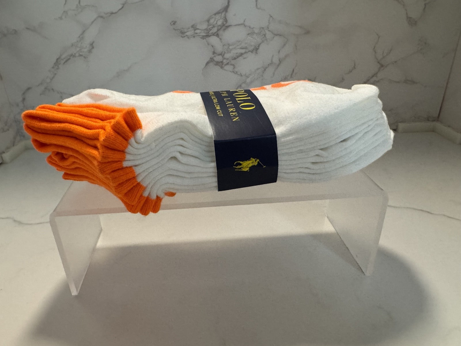 Polo Ralph Lauren Classic Sport Men's Low Cut Socks Orange & White 6, Sz 6-12