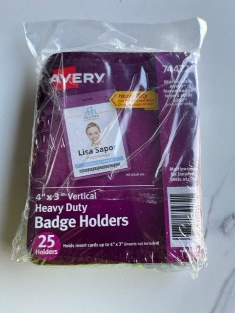 Avery 74472 - Heavy-Duty Badge Holders Secure Top-  Vertical 4" x 3" 25pk SEALED