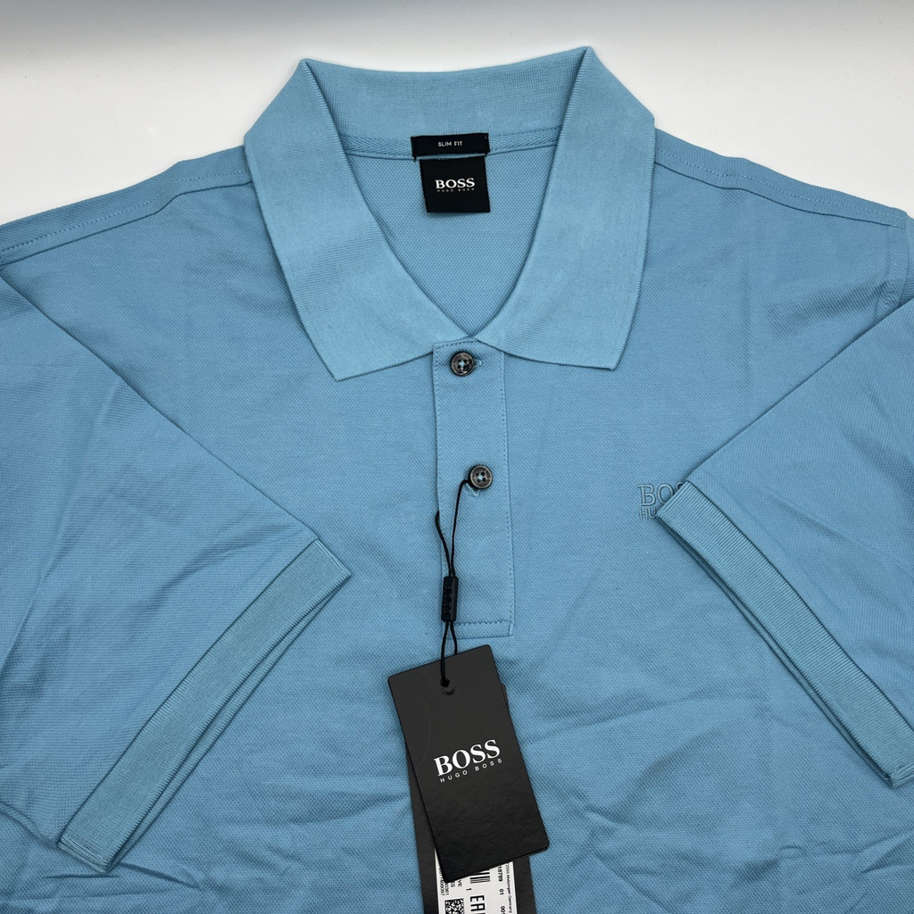 Authentic Hugo Boss Polo Shirt Slim Fit Light Blue / Blue Logo / Size XXL, NWT