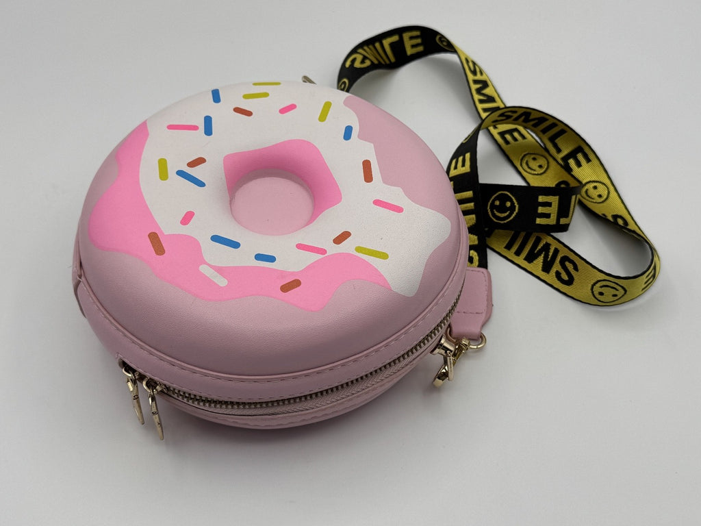 Novelty Donut Sprinkles Crossbody Bag, Pink & White w/ Smile Strap, Pre-owned