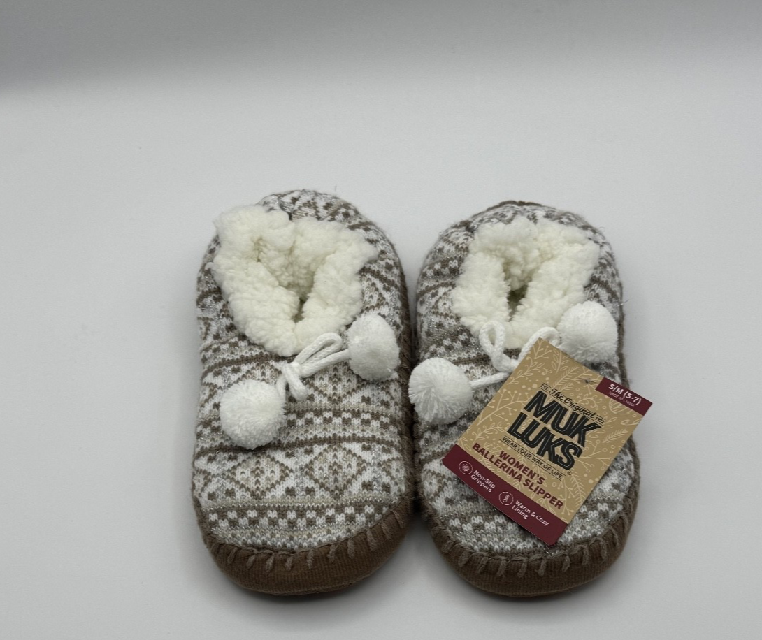 Muk Luks Women's Ballerina Warm & Cozy Slipper, White/Tan, S/M Size 5-7, New