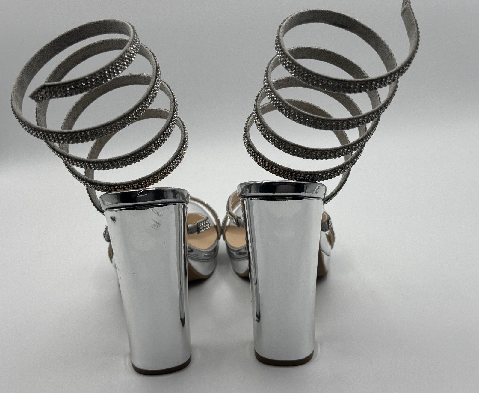 Wild Diva Lounge Spiral Rhinestone Strappy Ankle Chunky Block Heels - Silver