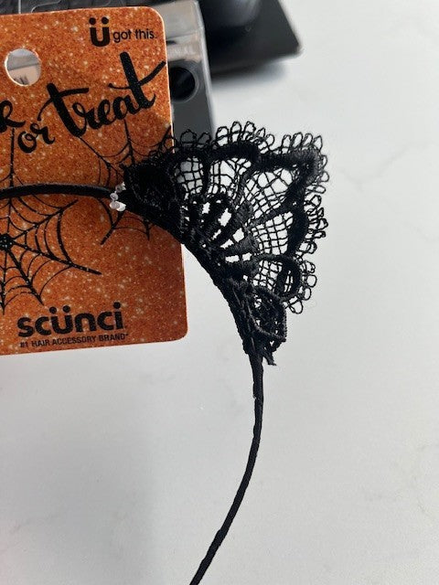 Scunci Halloween Lace Cat Ear Headband & 2 invisi bobble Scrunchie Black NWT