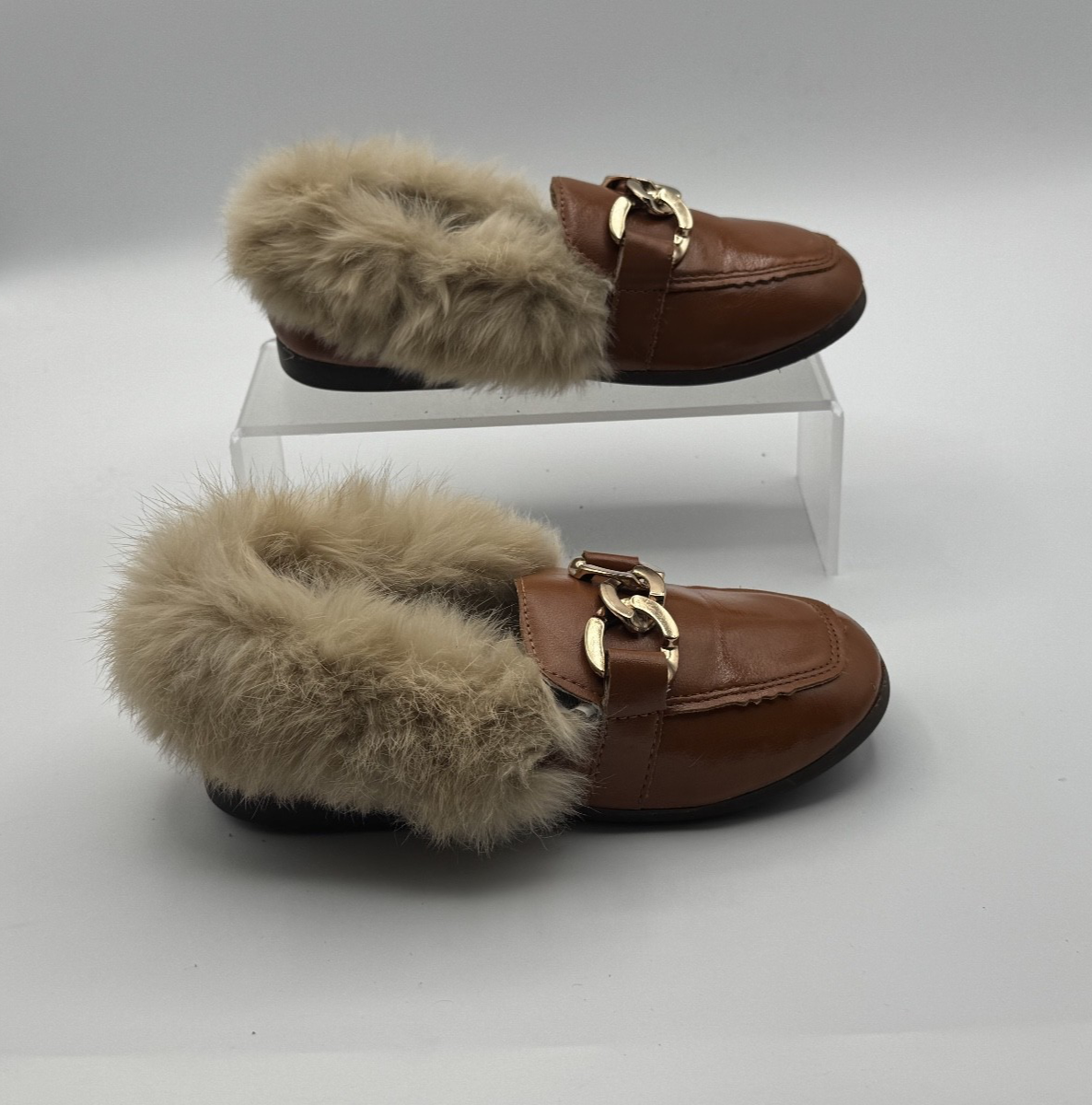 Real Fur Faux Leather Luggage Brown Loafers Girls KidsGold Chain