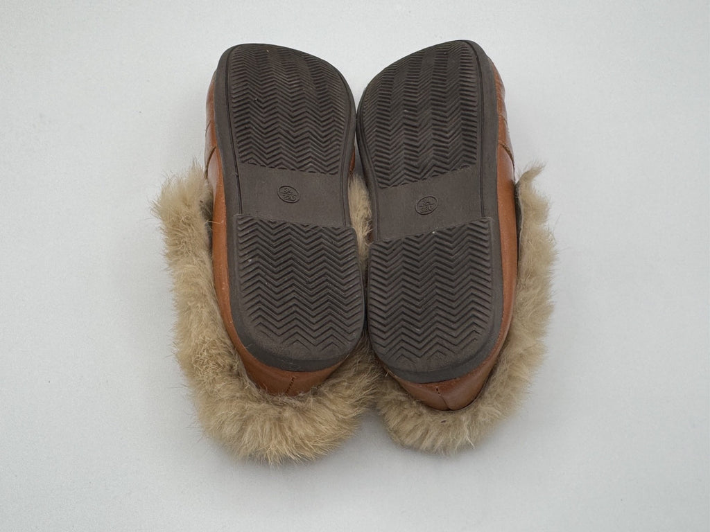 Real Fur Faux Leather Luggage Brown Loafers Girls KidsGold Chain