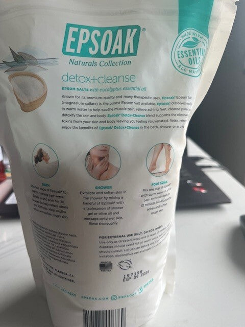 Epsoak Naturals Collection Epsom Salt 3 Lbs Detox + Cleanse Bath Salts, 9/28 New