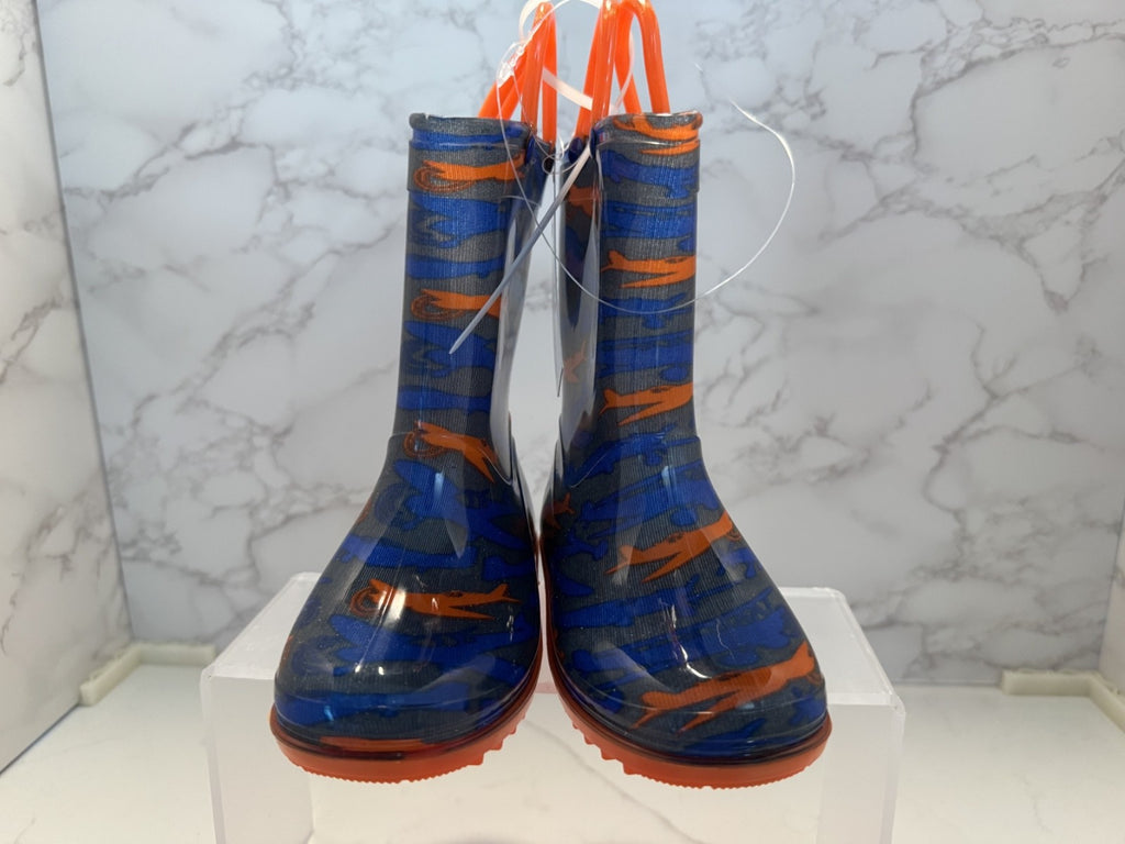 Lilly New York Rain Boots w/Handle Youth Size 8 Orange & Blue with Airplanes NEW