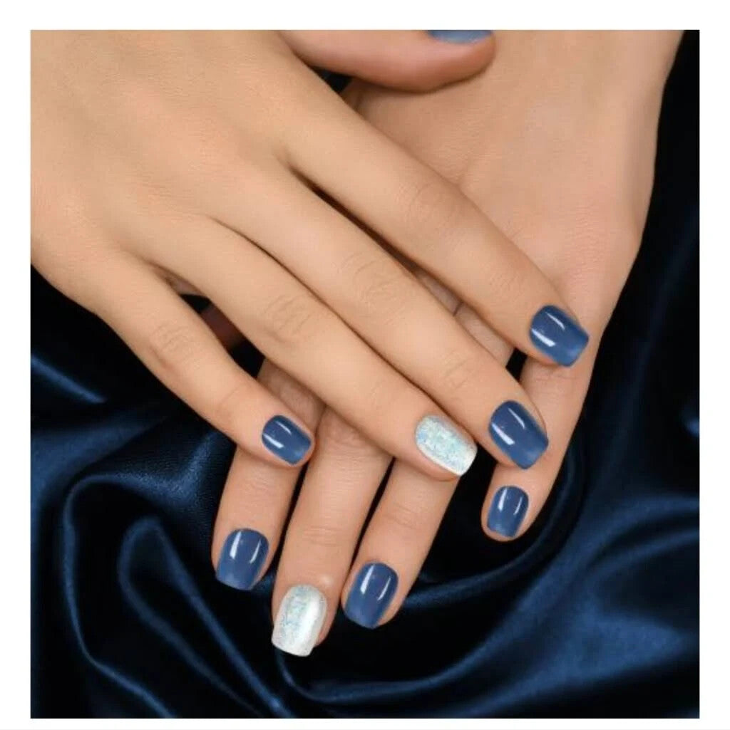 Sensationail Gelvolution Gel Shine Finish Press on Nail Navy Blue White Glitter